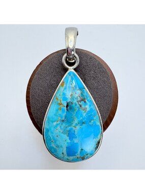 Turquoise Bezel Set Teardrop Pendant VTG Sterling Silver 925 Size 2.5" Length